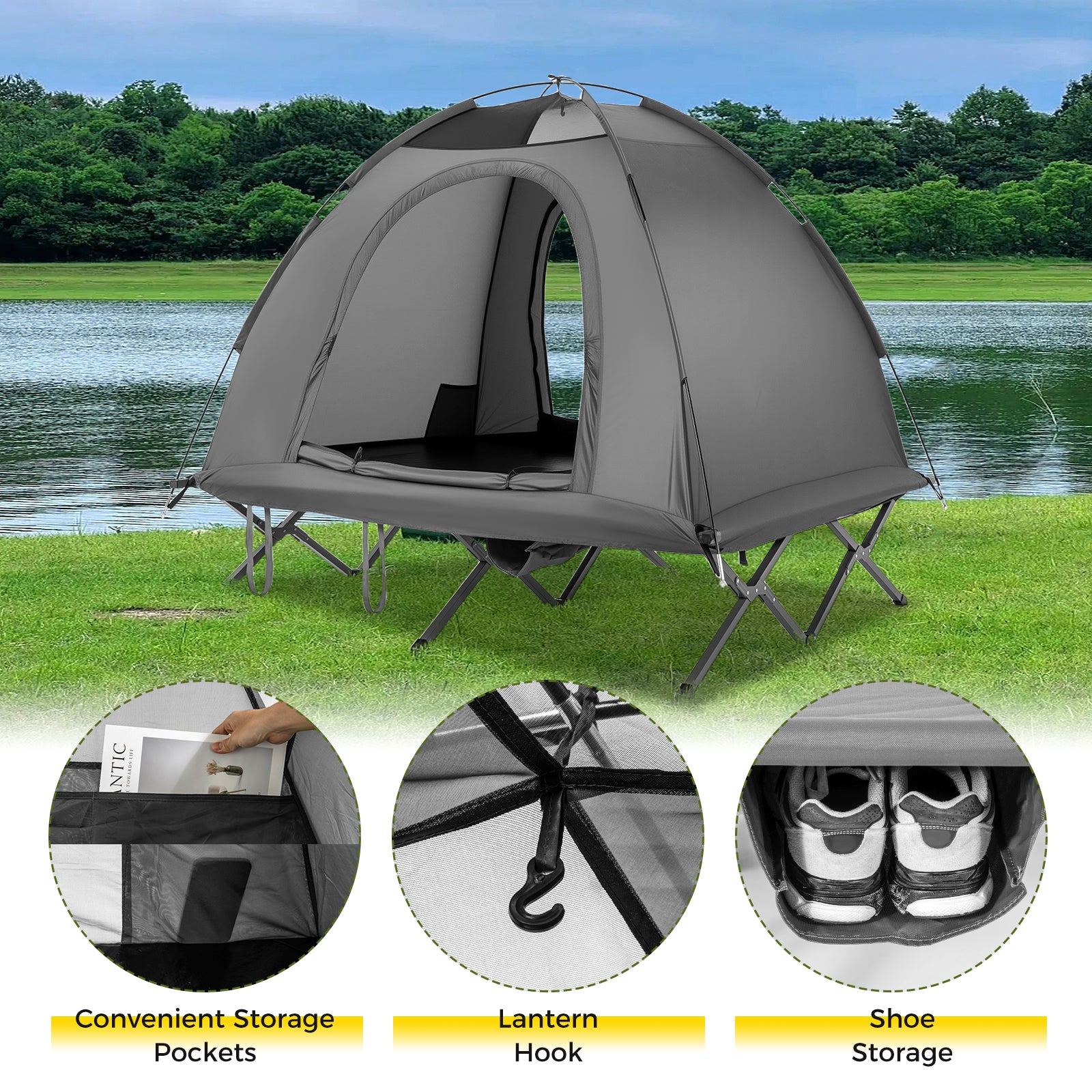 2-Person Camping Cot Tent Foldable Off-Ground Camping Combo for Adults-Grey, Gray Tents at Gallery Canada
