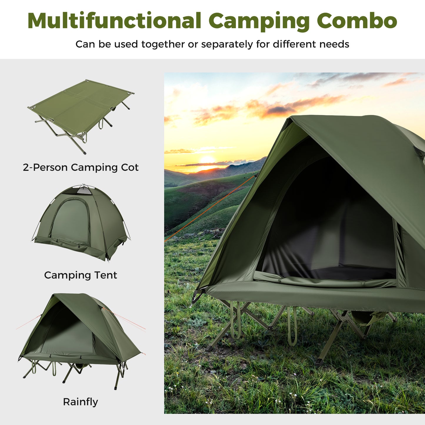 2-Person Camping Cot Tent Foldable Off-Ground Camping Combo for Adults, Green Tents at Gallery Canada