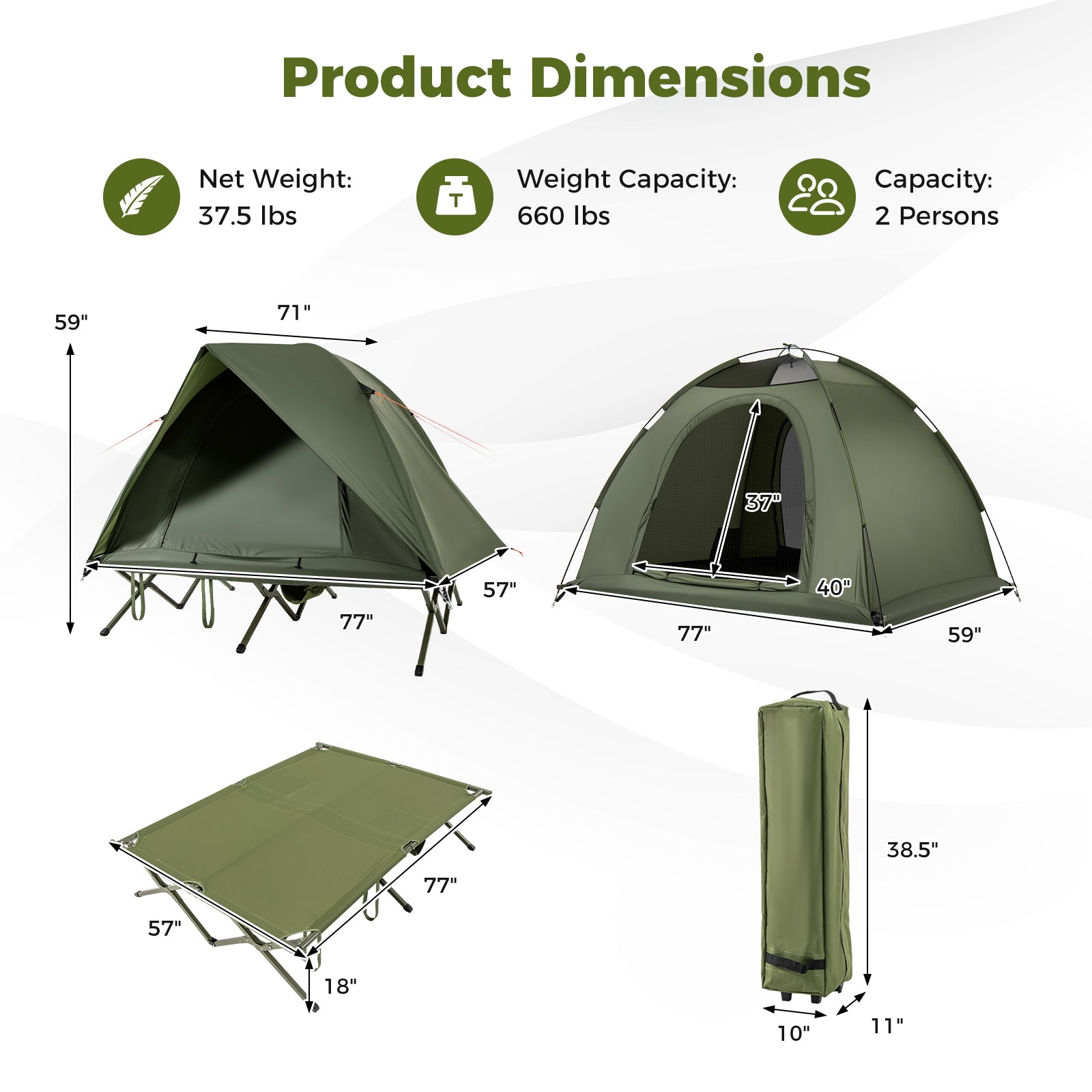 2-Person Camping Cot Tent Foldable Off-Ground Camping Combo for Adults, Green Tents at Gallery Canada