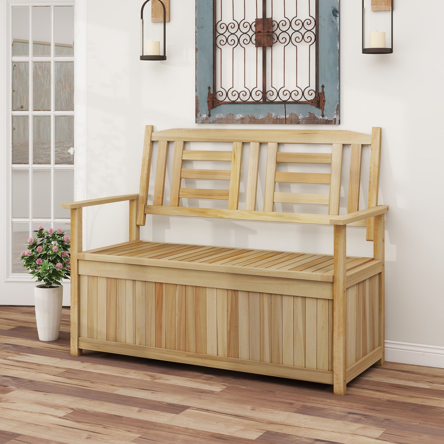 2-Person Garden Bench with 49 Gal Storage Bench and Backrest﻿, Natural Outdoor Benches at Gallery Canada