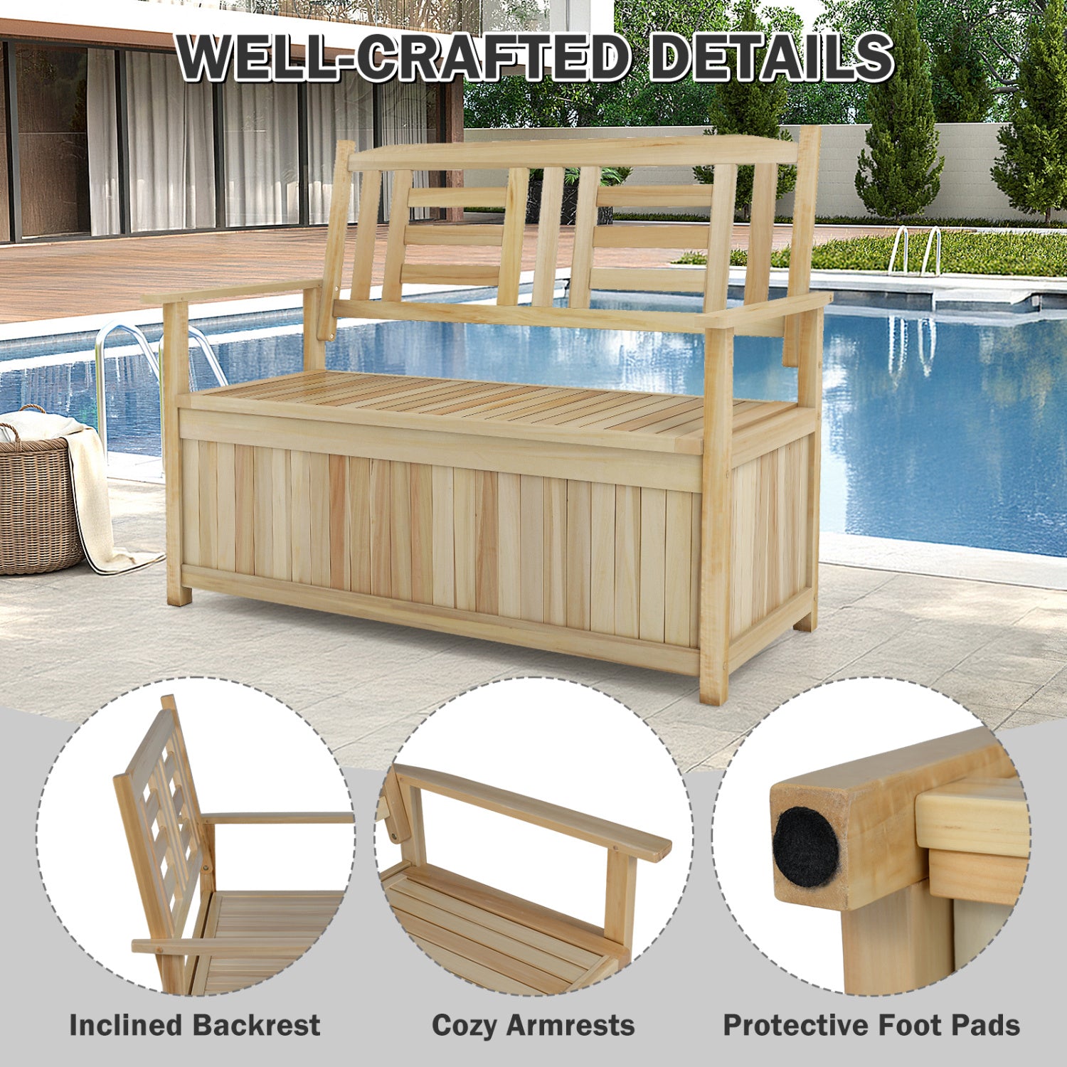 2-Person Garden Bench with 49 Gal Storage Bench and Backrest﻿, Natural Outdoor Benches at Gallery Canada