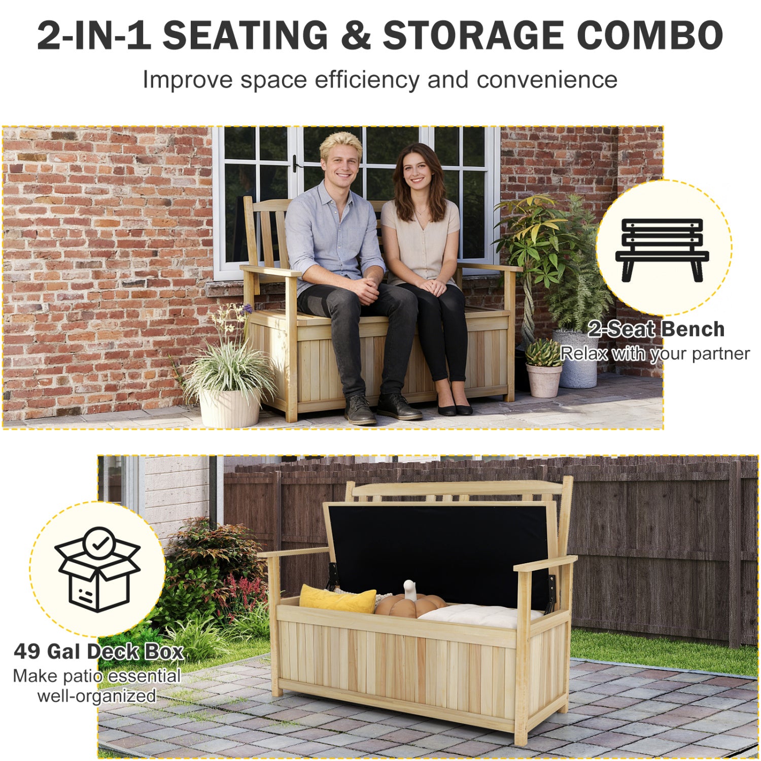 2-Person Garden Bench with 49 Gal Storage Bench and Backrest﻿, Natural Outdoor Benches at Gallery Canada