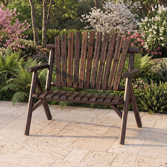 2-Person Log Wood Patio Bench, Slatted Backrest, Brown Outdoor Benches Brown at Gallery Canada