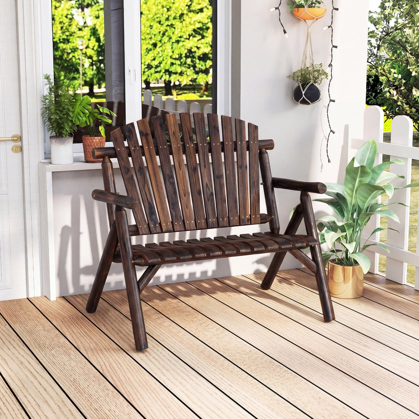 Banc de patio en bois rond pour 2 personnes, dossier à lattes, brun
