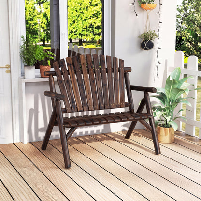 Banc de patio en bois rond pour 2 personnes, dossier à lattes, brun