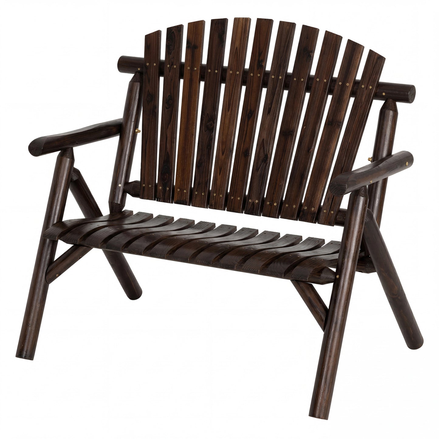 Banc de patio en bois rond pour 2 personnes, dossier à lattes, brun