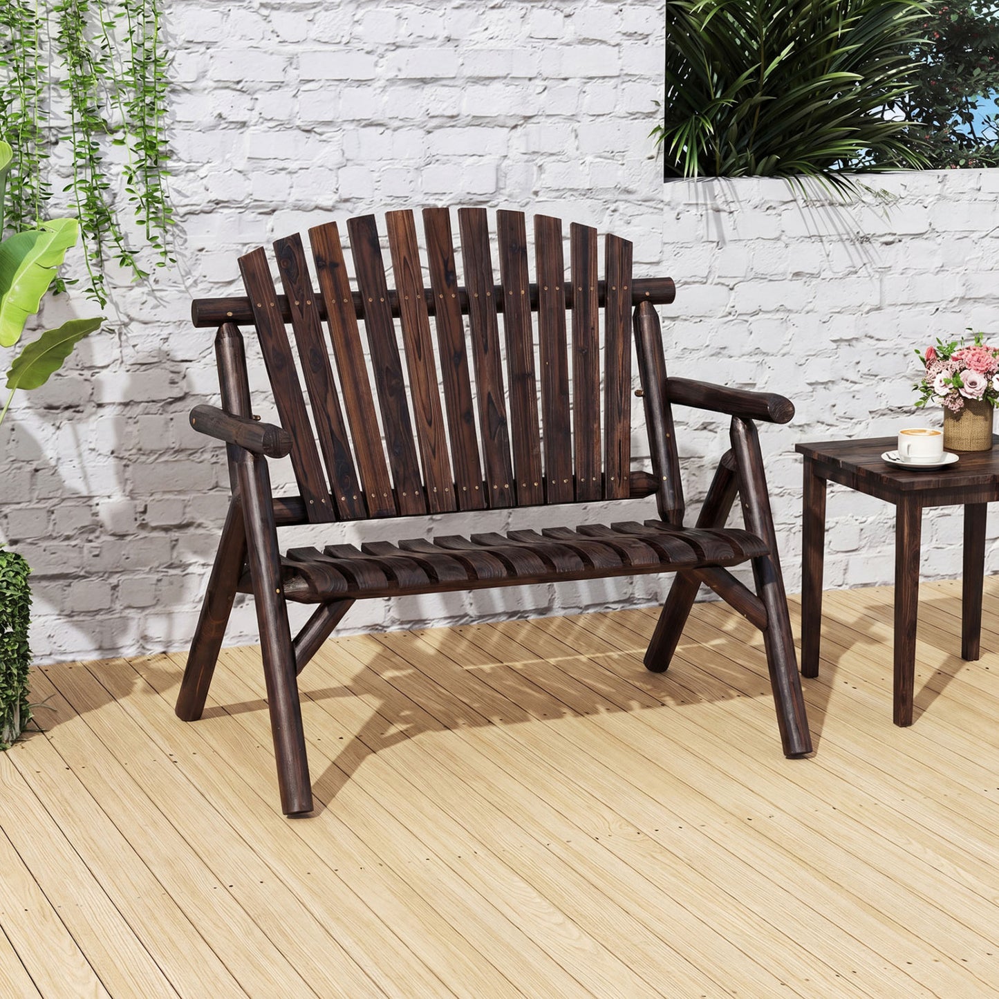Banc de patio en bois rond pour 2 personnes, dossier à lattes, brun