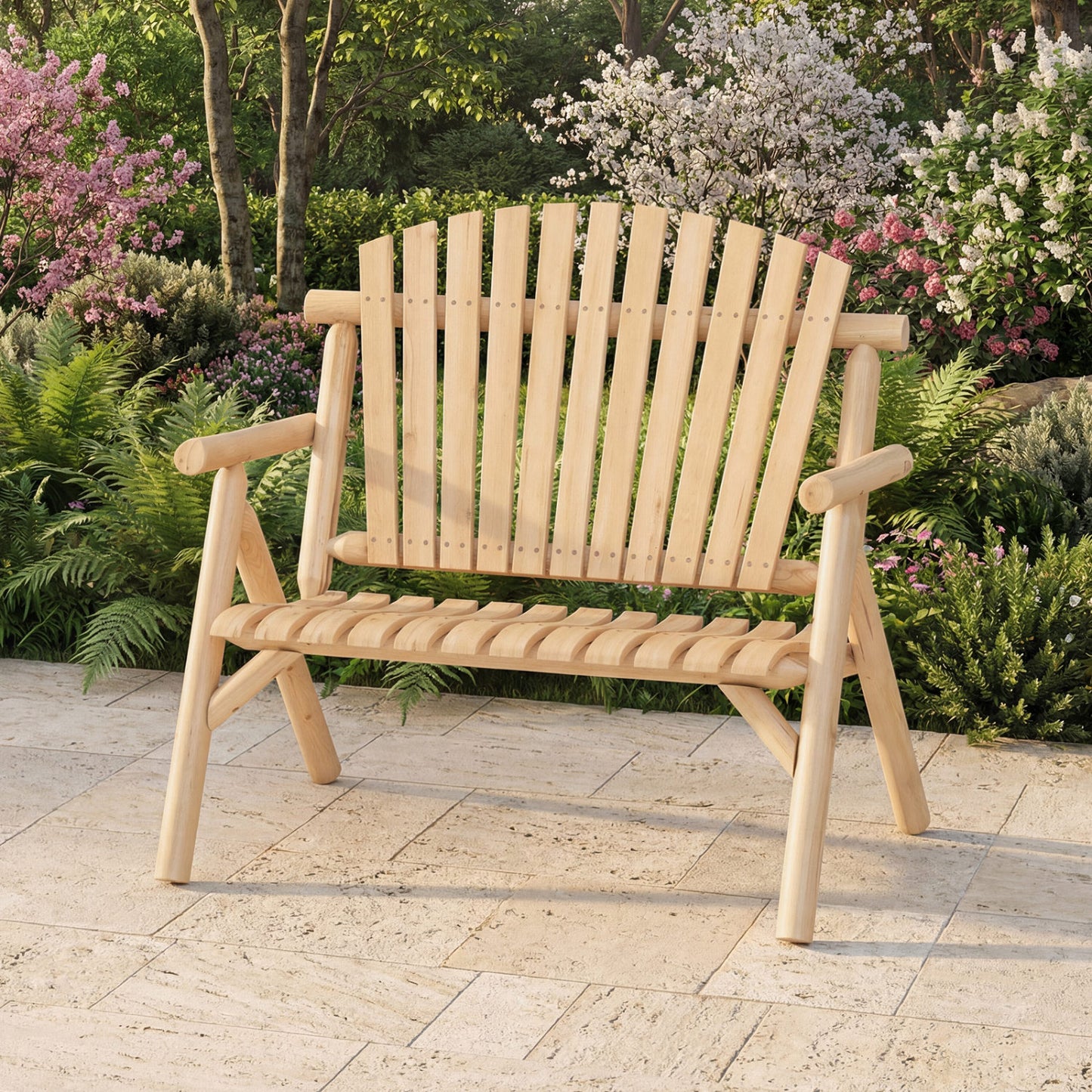 Banc de patio en bois rond pour 2 personnes, dossier à lattes, couleur naturelle