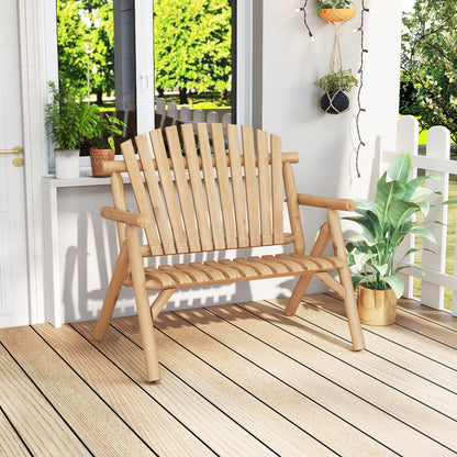 Banc de patio en bois rond pour 2 personnes, dossier à lattes, couleur naturelle