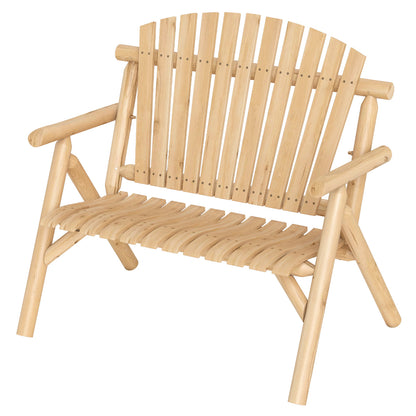 Banc de patio en bois rond pour 2 personnes, dossier à lattes, couleur naturelle