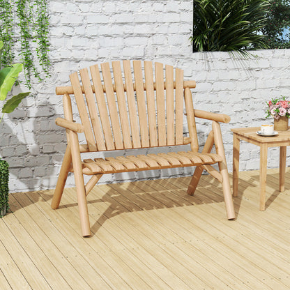 Banc de patio en bois rond pour 2 personnes, dossier à lattes, couleur naturelle