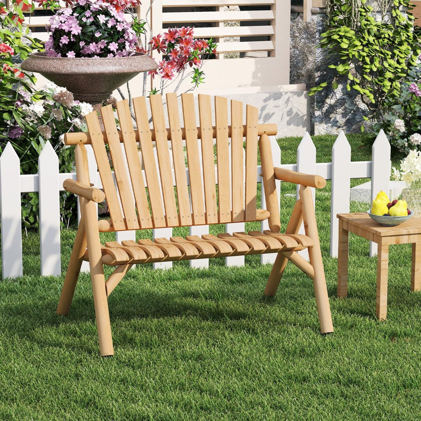 Banc de patio en bois rond pour 2 personnes, dossier à lattes, couleur naturelle
