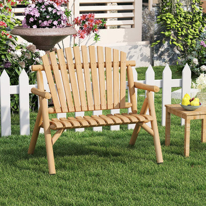 Banc de patio en bois rond pour 2 personnes, dossier à lattes, couleur naturelle