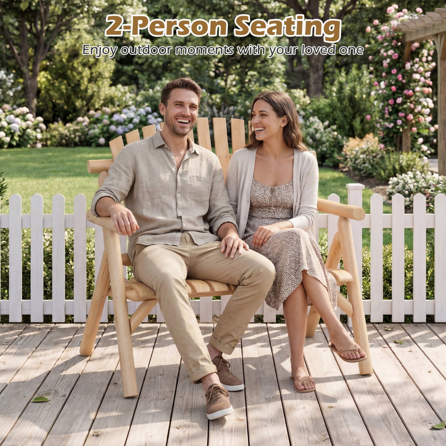 Banc de patio en bois rond pour 2 personnes, dossier à lattes, couleur naturelle