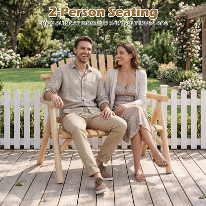Banc de patio en bois rond pour 2 personnes, dossier à lattes, couleur naturelle