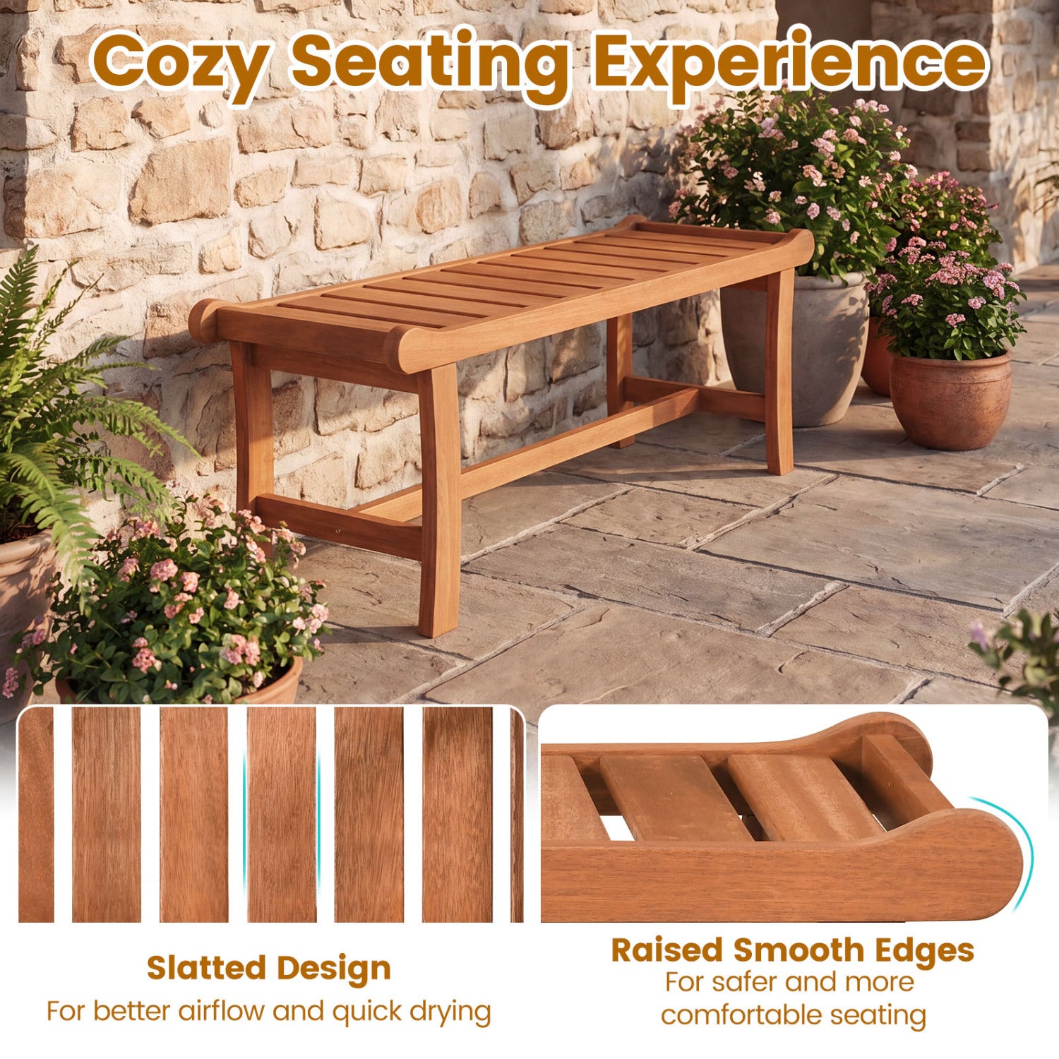 2-Person Outdoor Wood Bench with Slatted Seat and Raised Edges-1 Piece Outdoor Benches at Gallery Canada