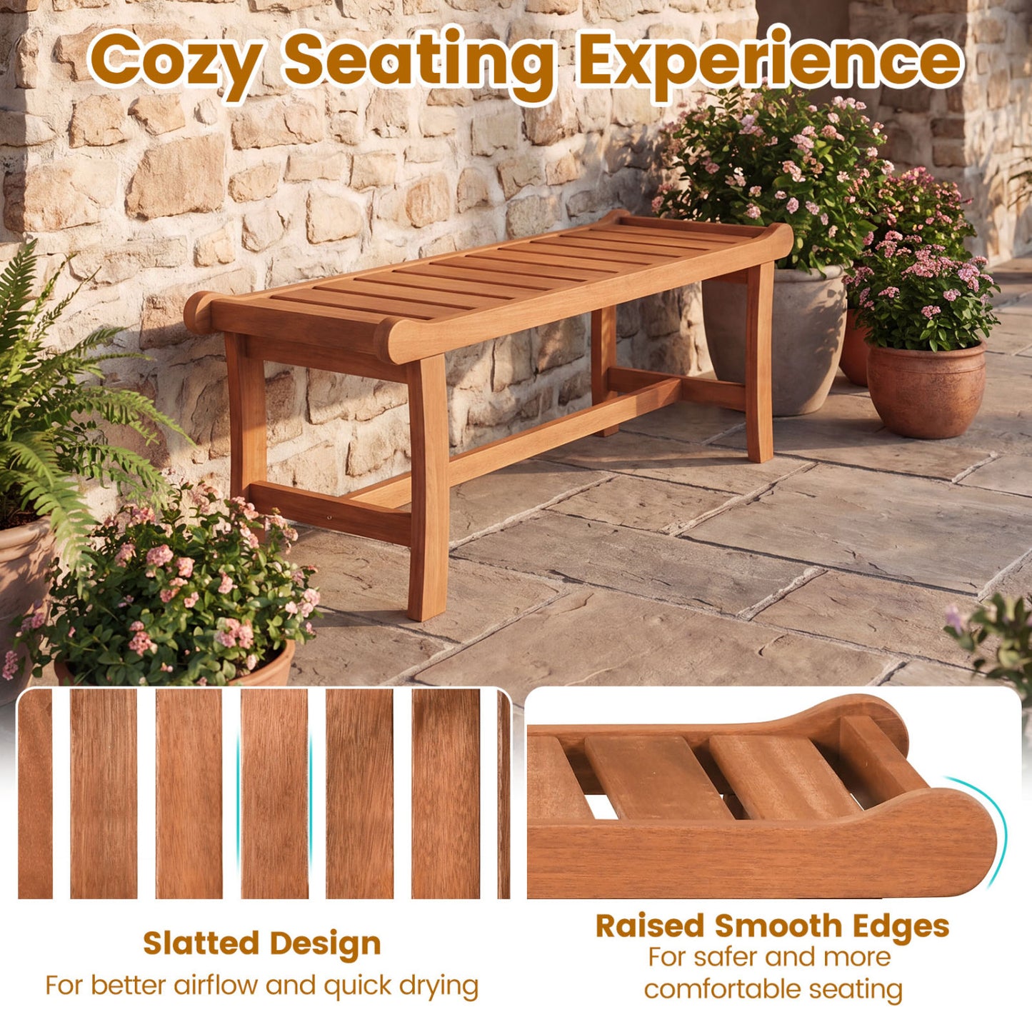 2-Person Outdoor Wood Bench with Slatted Seat and Raised Edges-1 Piece Outdoor Benches at Gallery Canada