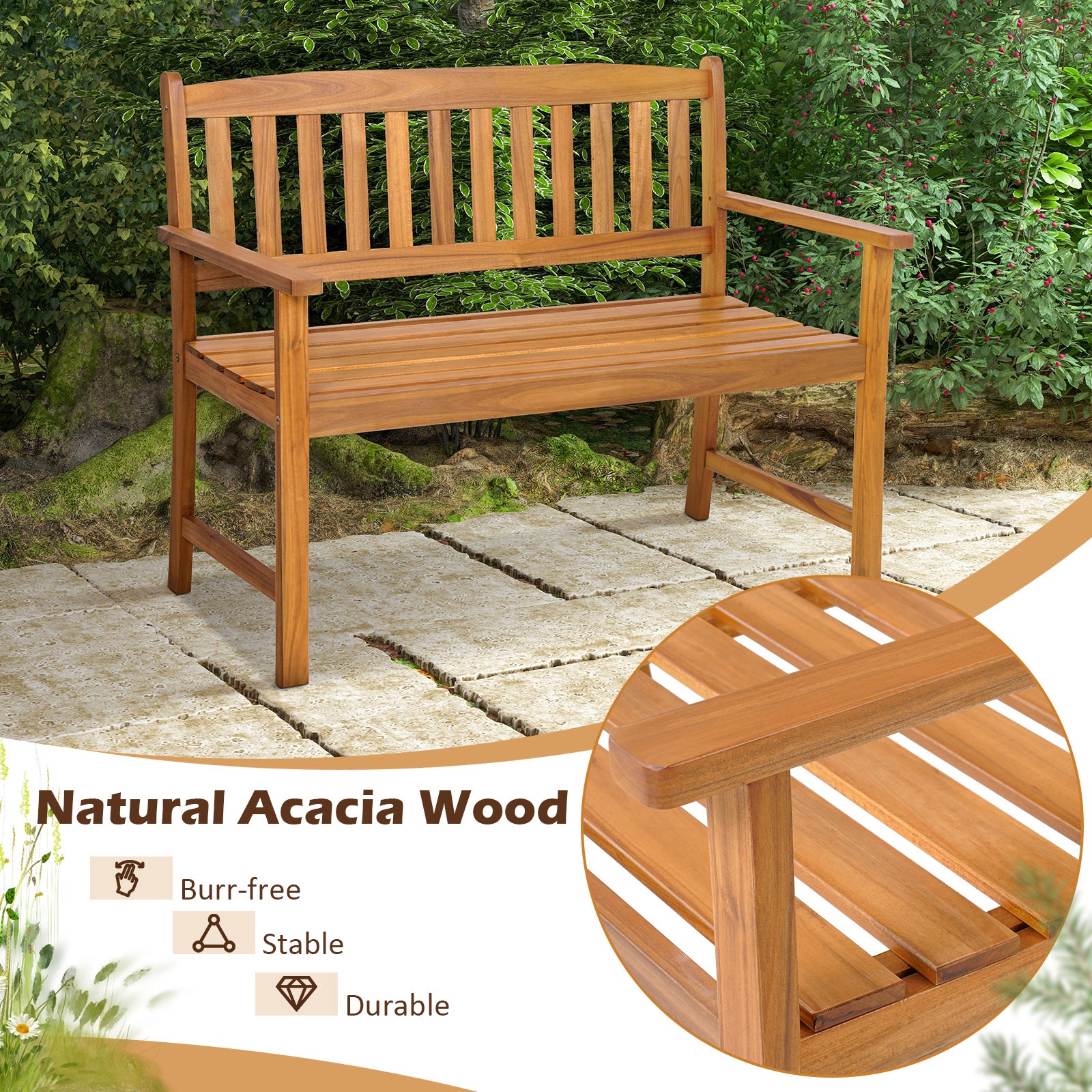 2-Person Patio Acacia Wood Bench with Backrest and Armrests, Natural Outdoor Benches at Gallery Canada