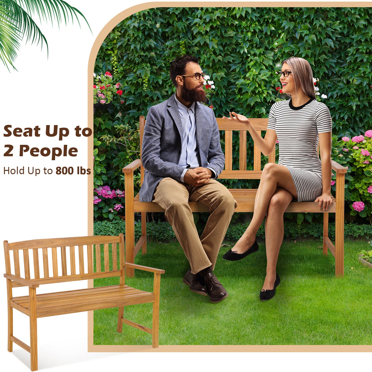 2-Person Patio Acacia Wood Bench with Backrest and Armrests, Natural Outdoor Benches at Gallery Canada