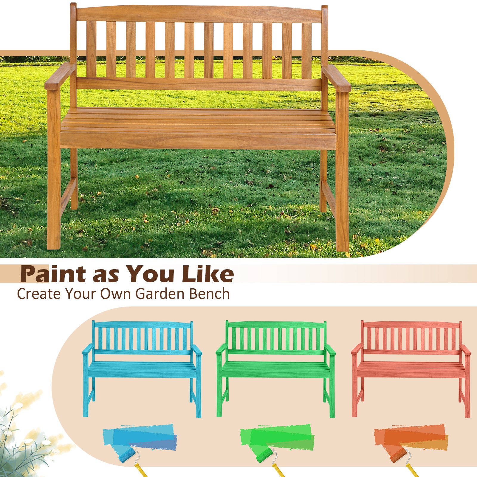 2-Person Patio Acacia Wood Bench with Backrest and Armrests, Natural Outdoor Benches at Gallery Canada