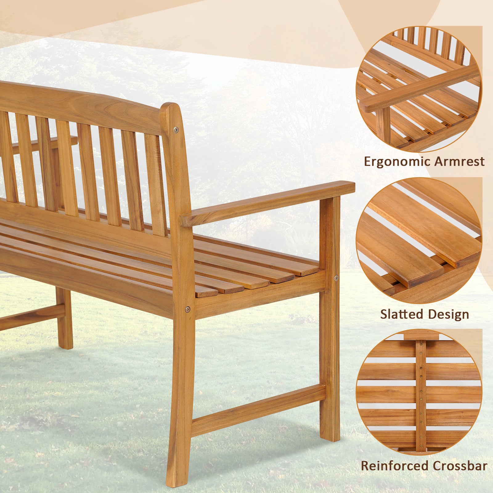 2-Person Patio Acacia Wood Bench with Backrest and Armrests, Natural Outdoor Benches at Gallery Canada
