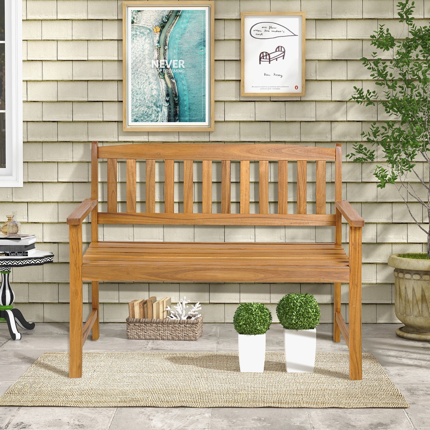 2-Person Patio Acacia Wood Bench with Backrest and Armrests, Natural Outdoor Benches at Gallery Canada
