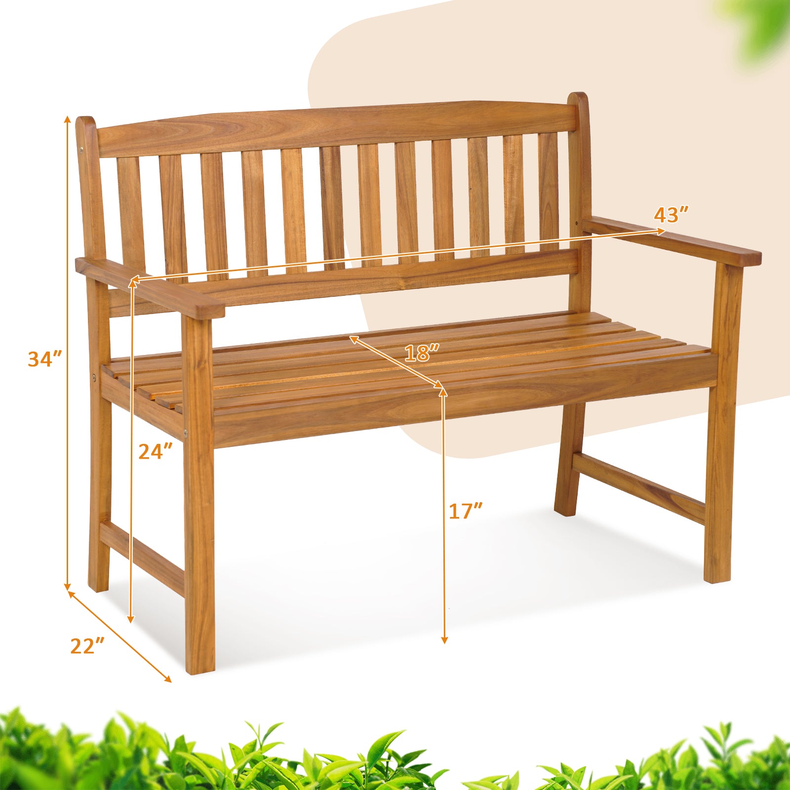2-Person Patio Acacia Wood Bench with Backrest and Armrests, Natural Outdoor Benches at Gallery Canada