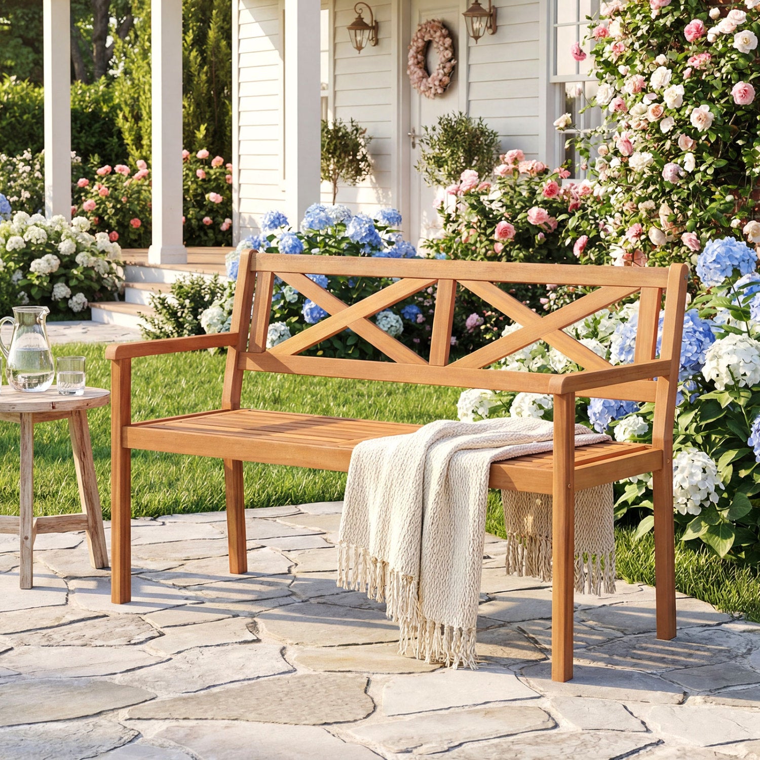 2-Person Patio Acacia Wood Chair with Armrests, Teak Outdoor Benches at Gallery Canada