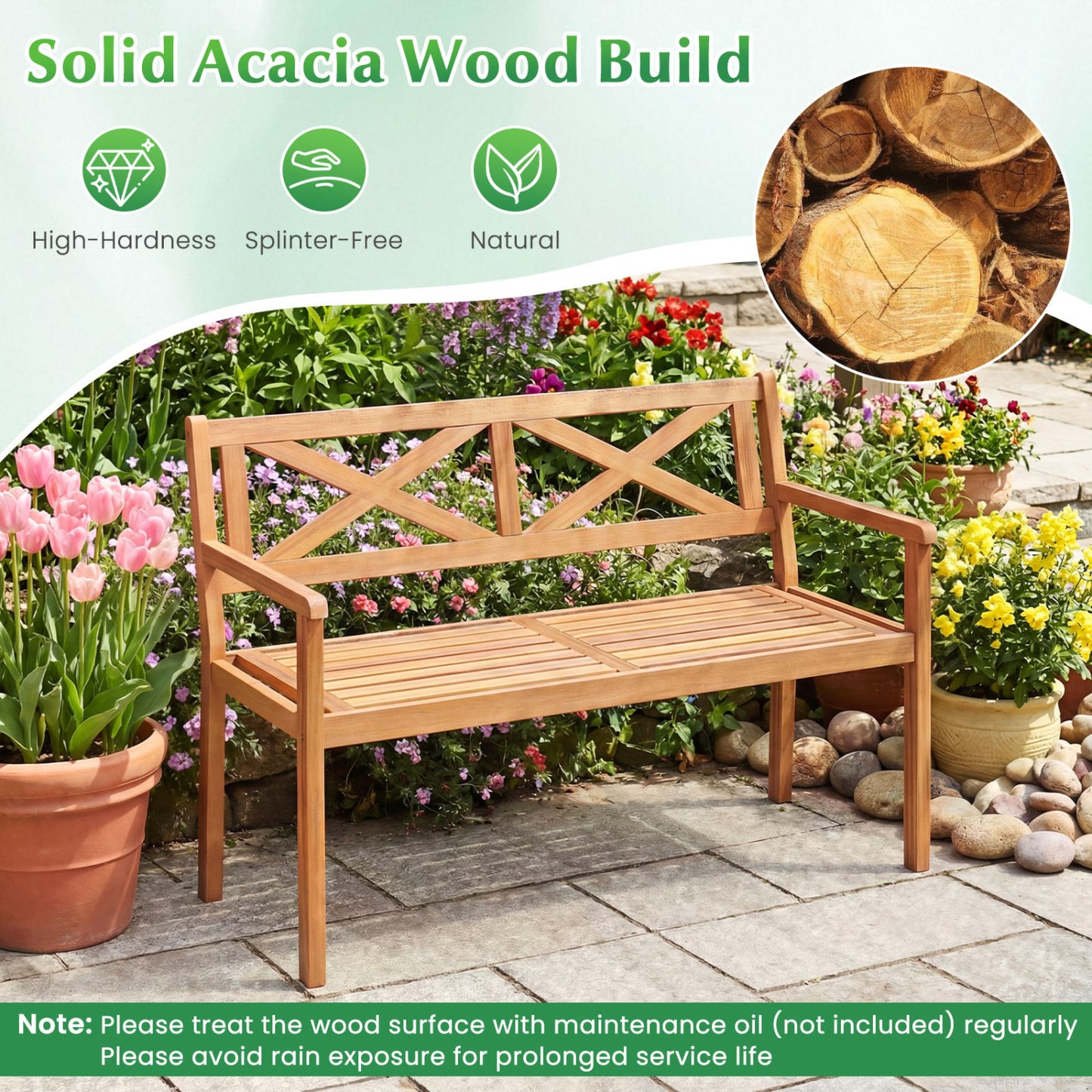 2-Person Patio Acacia Wood Chair with Armrests, Teak Outdoor Benches at Gallery Canada