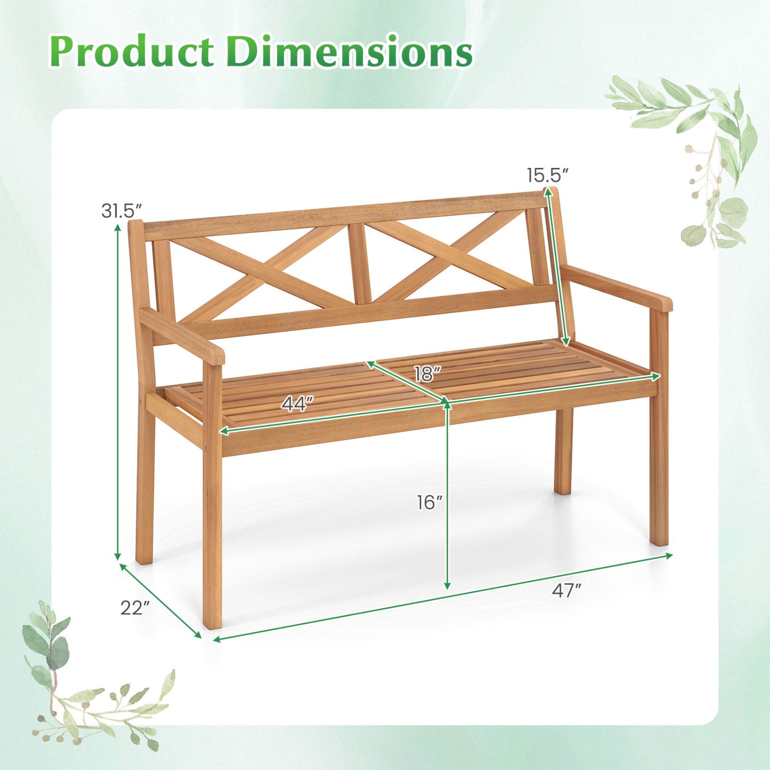 2-Person Patio Acacia Wood Chair with Armrests, Teak Outdoor Benches at Gallery Canada