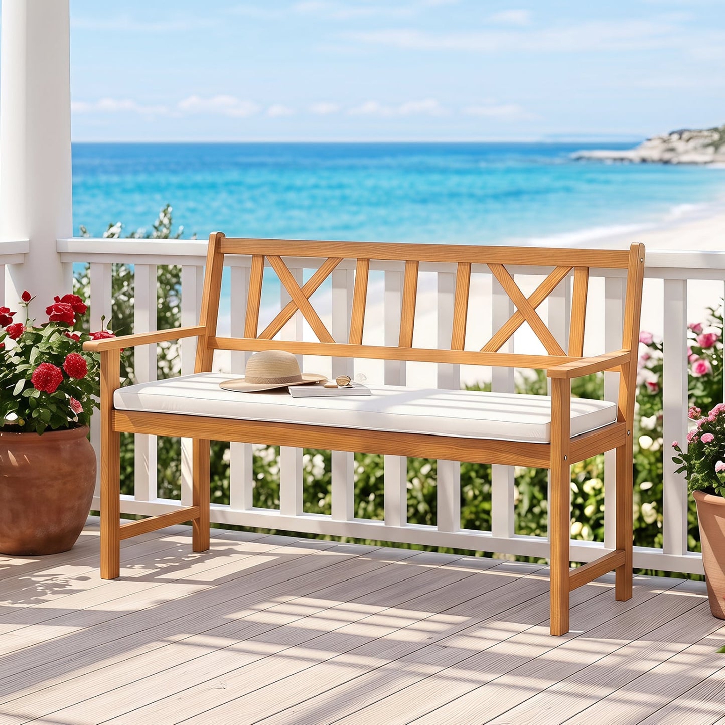 2-Person Acacia Wood Garden Chair, Natural & White