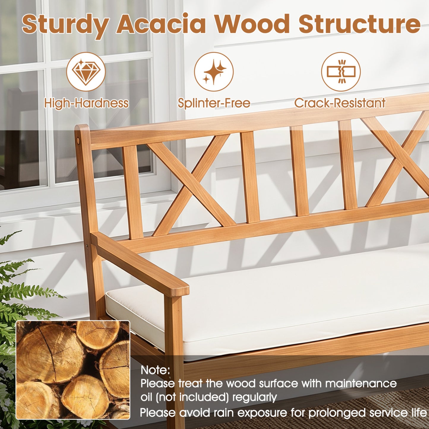 2-Person Acacia Wood Garden Chair, Natural & White