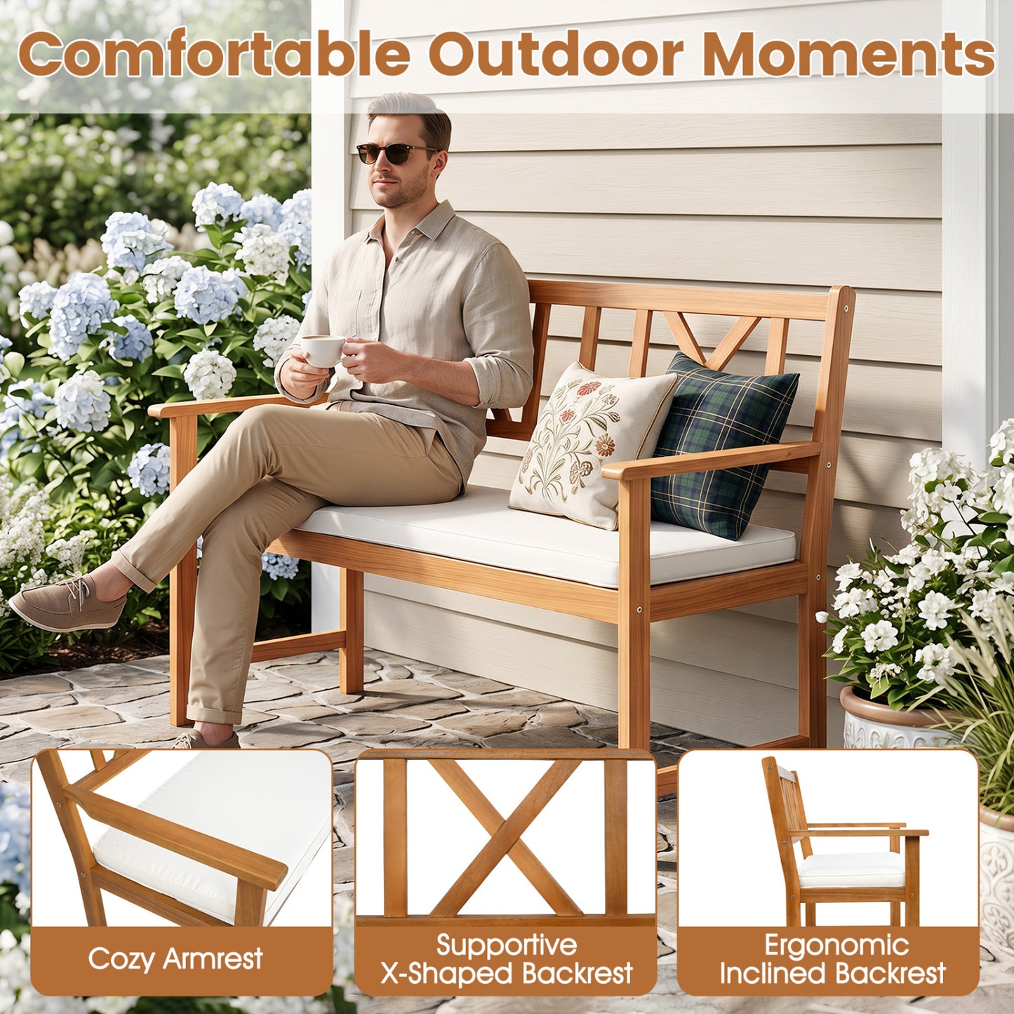 2-Person Acacia Wood Garden Chair, Natural & White