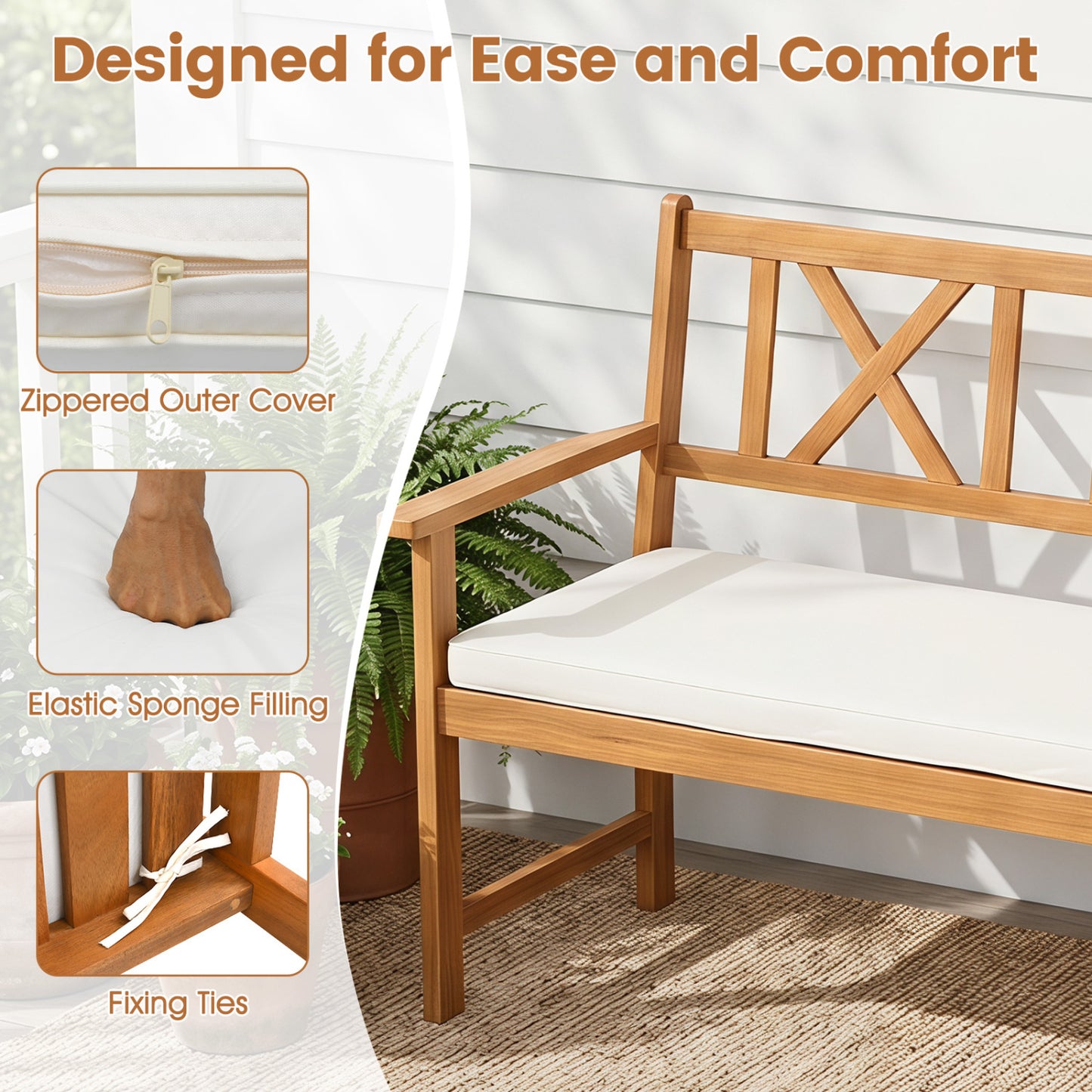 2-Person Acacia Wood Garden Chair, Natural & White