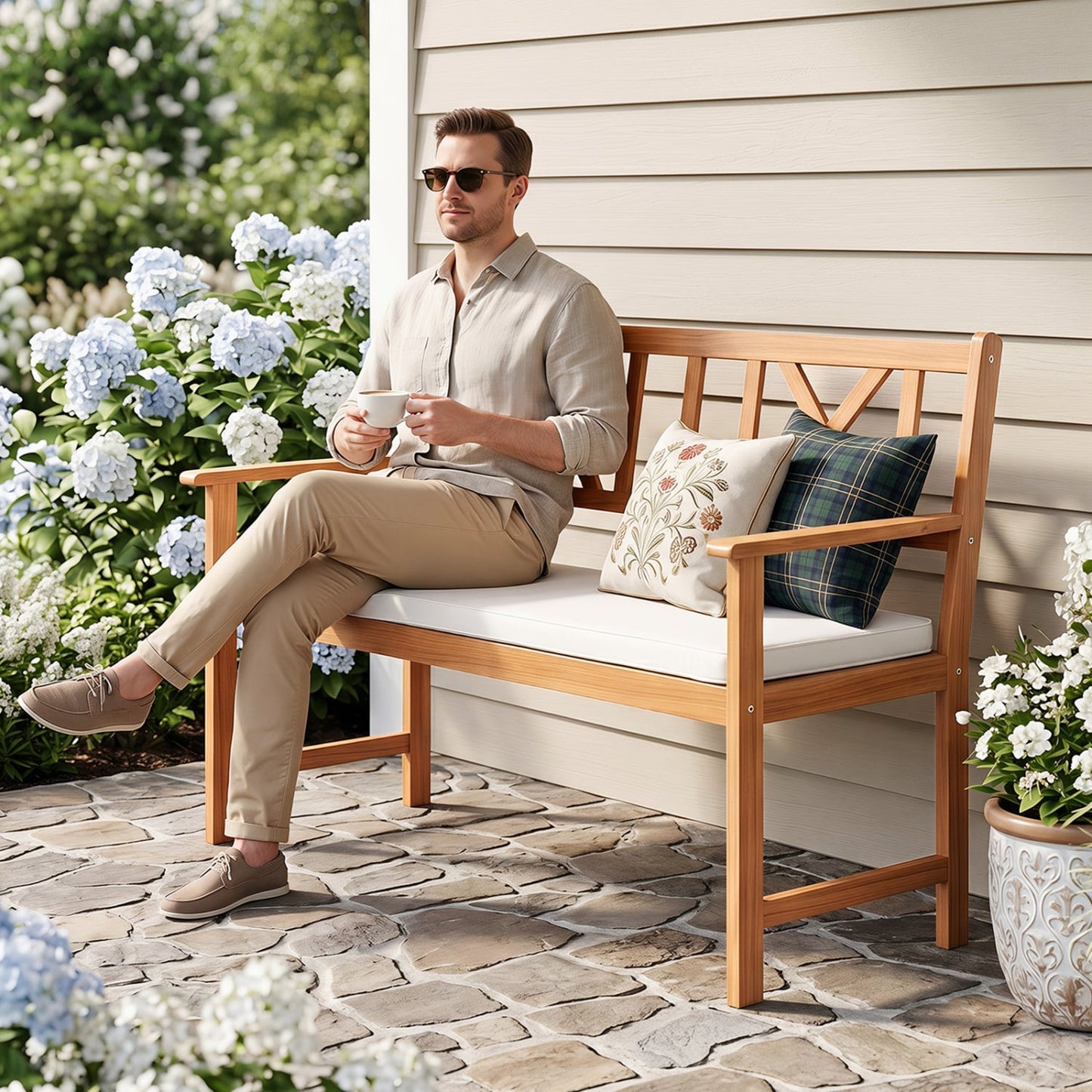 2-Person Acacia Wood Garden Chair, Natural & White