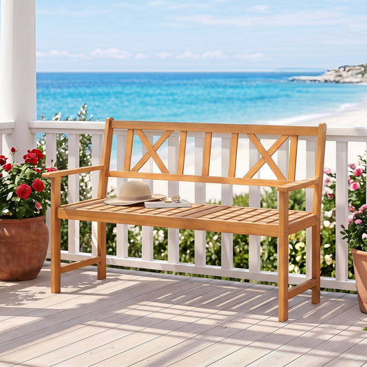 2-Person Patio Acacia Wood Garden Chair with Armrests and X-Shaped Backrest for Garden Outdoor Benches Natural at Gallery Canada