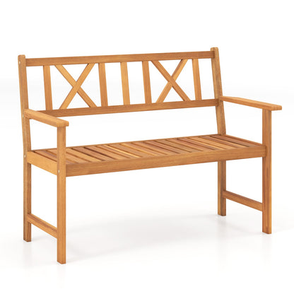 2-Person Patio Acacia Wood Garden Chair with Armrests and X-Shaped Backrest for Garden