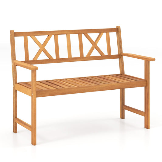 2-Person Patio Acacia Wood Garden Chair with Armrests and X-Shaped Backrest for Garden Outdoor Benches Natural at Gallery Canada