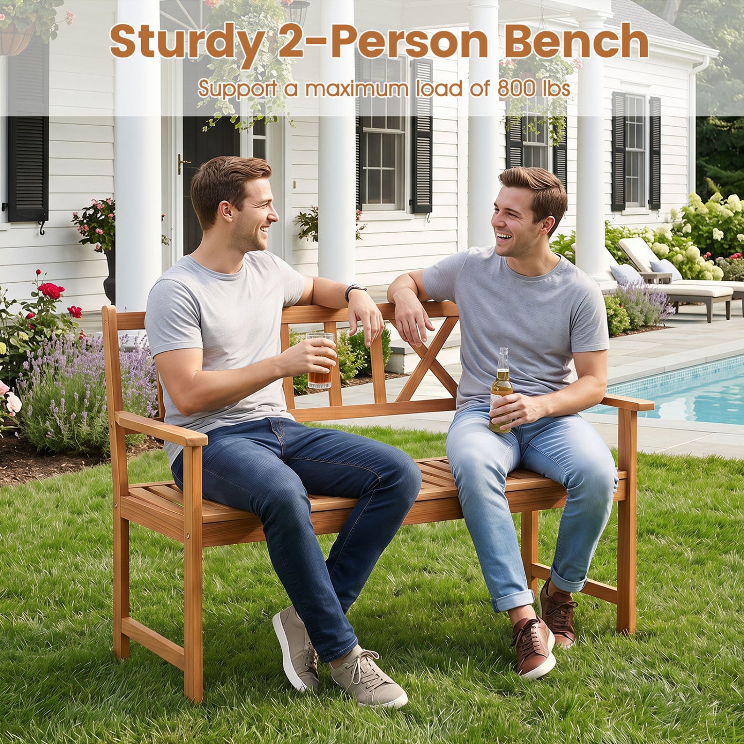 2-Person Patio Acacia Wood Garden Chair with Armrests and X-Shaped Backrest for Garden