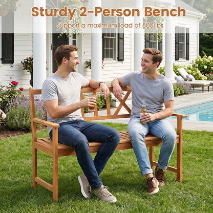 2-Person Patio Acacia Wood Garden Chair with Armrests and X-Shaped Backrest for Garden