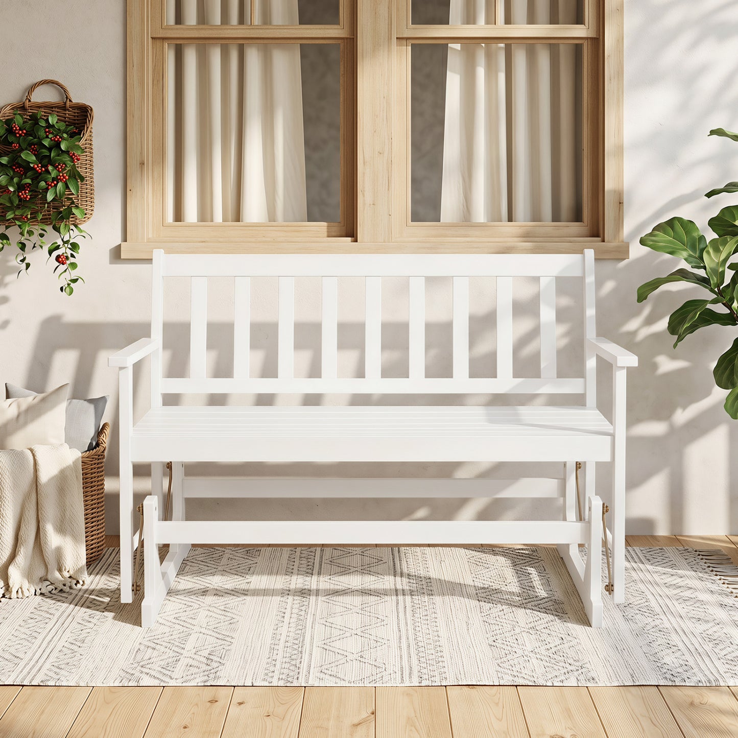 Chaise à bascule en bois d'acacia pour 2 personnes avec accoudoirs, blanc