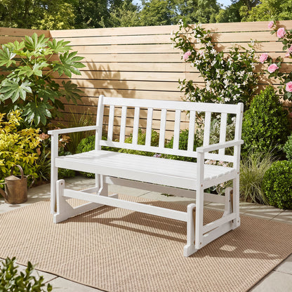 Chaise à bascule en bois d'acacia pour 2 personnes avec accoudoirs, blanc