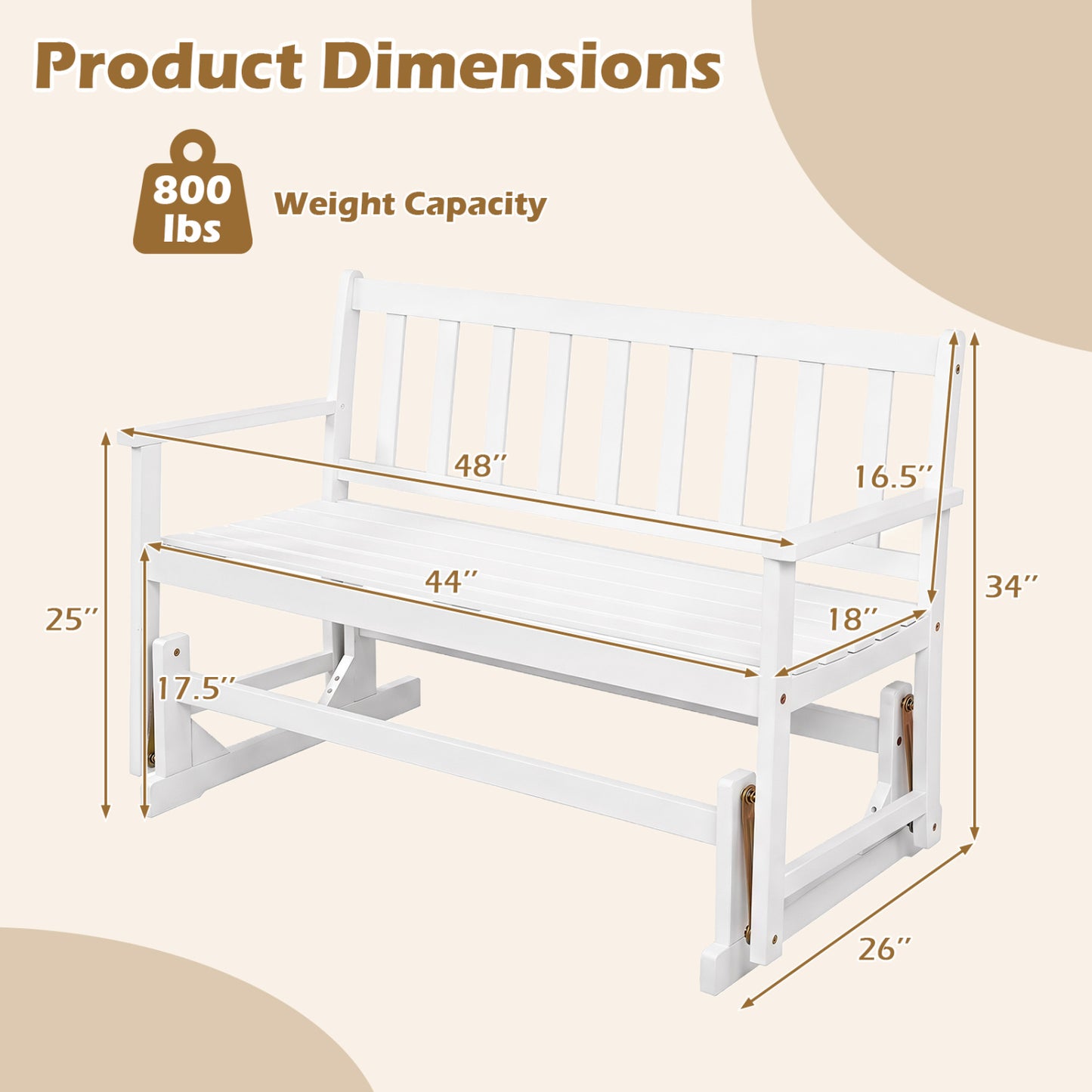 Chaise à bascule en bois d'acacia pour 2 personnes avec accoudoirs, blanc