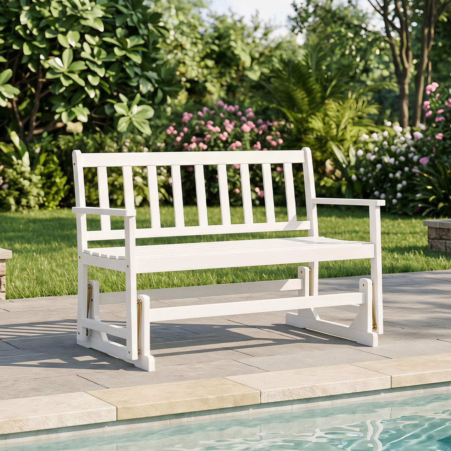 Chaise à bascule en bois d'acacia pour 2 personnes avec accoudoirs, blanc