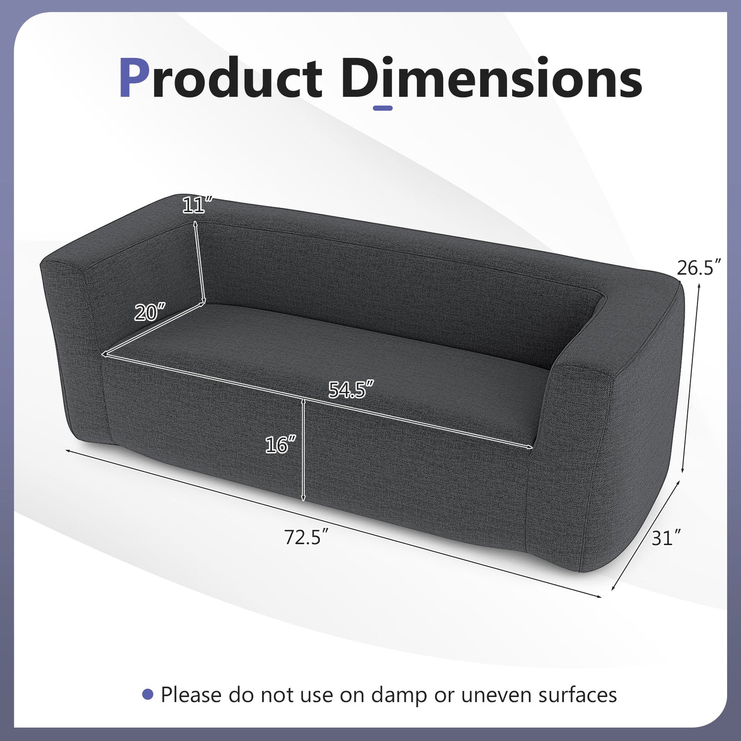 2-Person Portable Blow Up Sofa with Detachable Cover, Gray