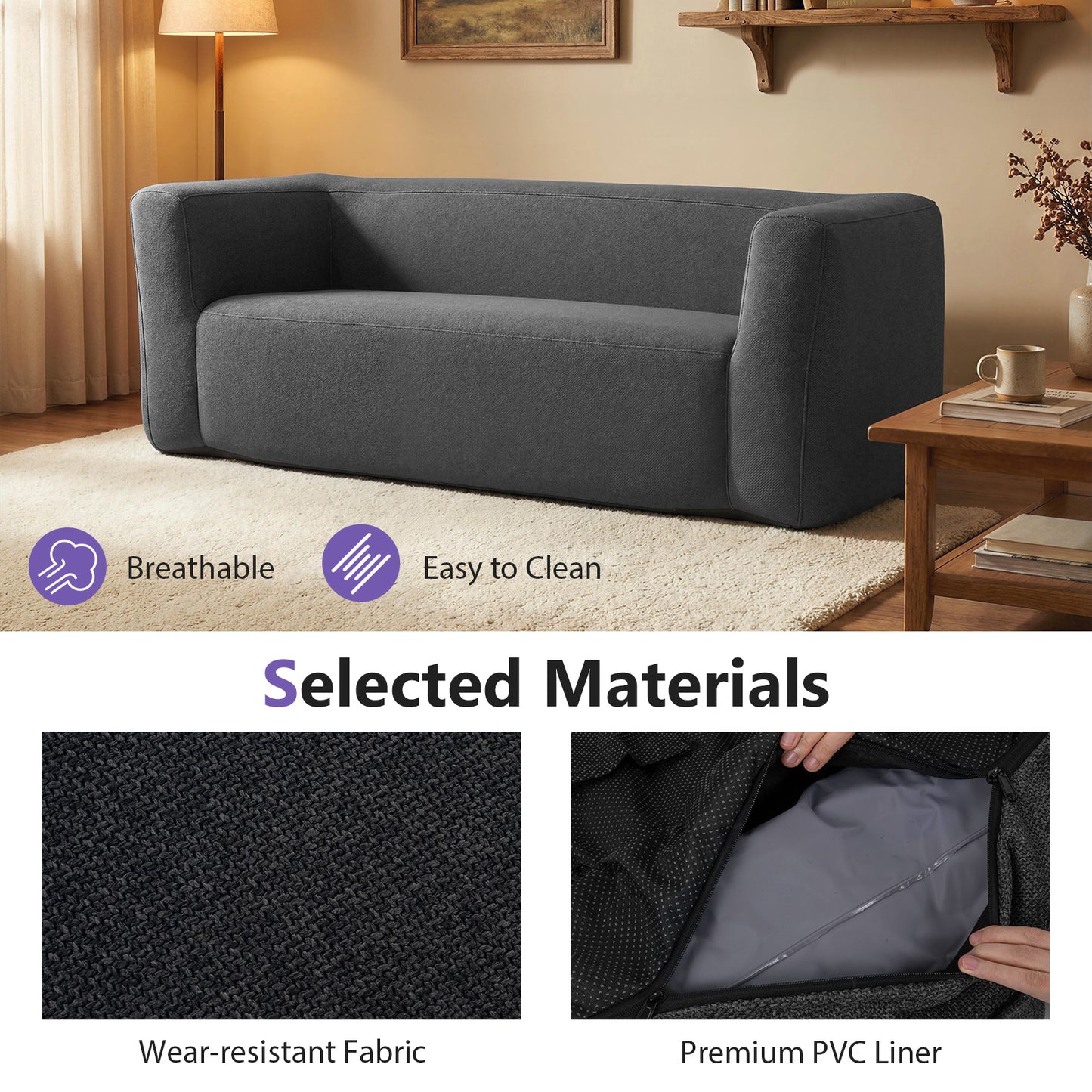 2-Person Portable Blow Up Sofa with Detachable Cover, Gray