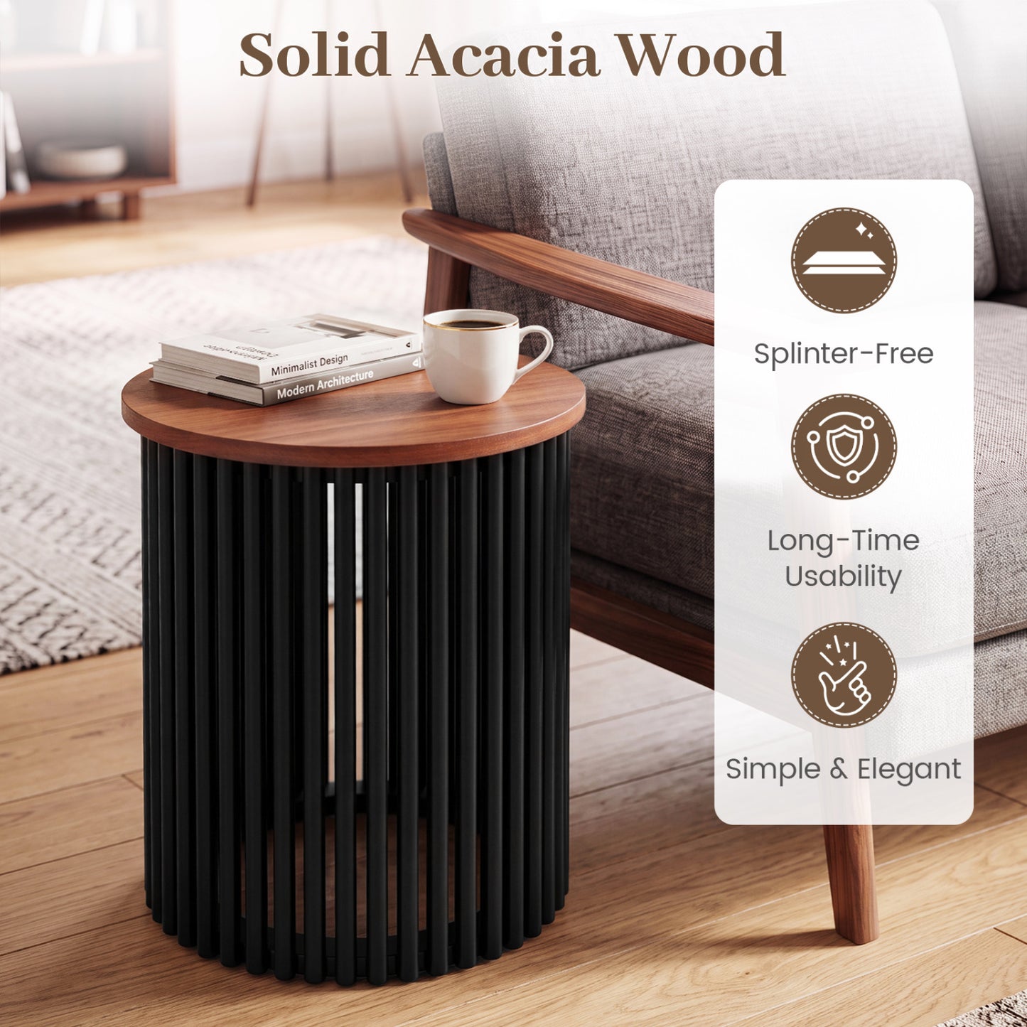 Elegant Round Acacia Wood Coffee Table, Walnut