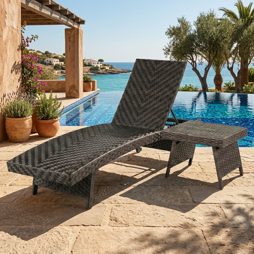 2-Piece Folding Rattan Patio Chaise Lounge Set
