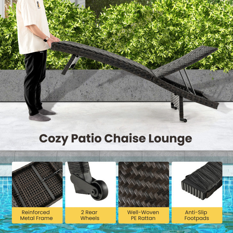 2-Piece Folding Rattan Patio Chaise Lounge Set