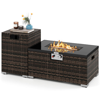 2-Piece Outdoor Rattan Fire Table Set 32 Inch Rectangle Gas Firepit with Tank Cover, Brown Fire Pit Tables Brown at Gallery Canada